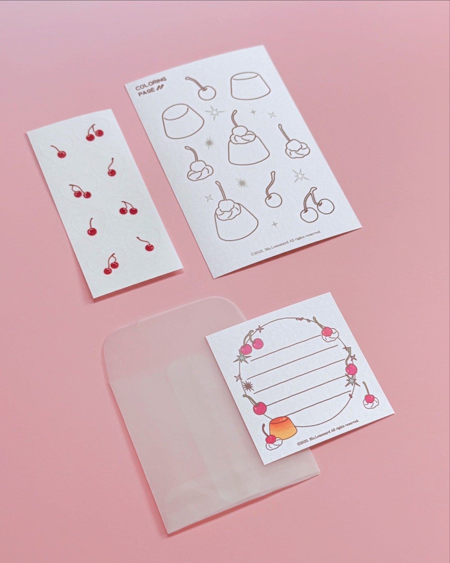 Cherry Stationery Sets | Sticker | Mini postcard | Envolope | coloring paper