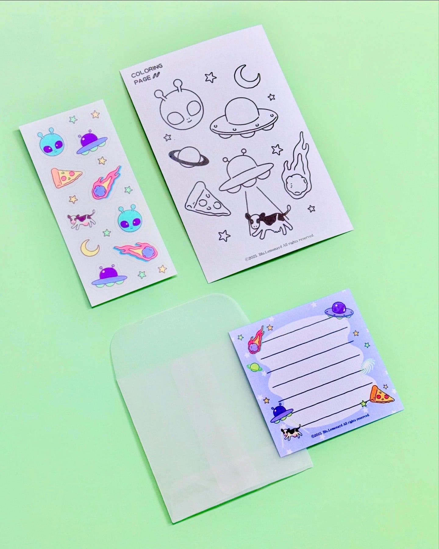 Alien Stationery Sets | Sticker | Mini postcard | Envolope | coloring paper