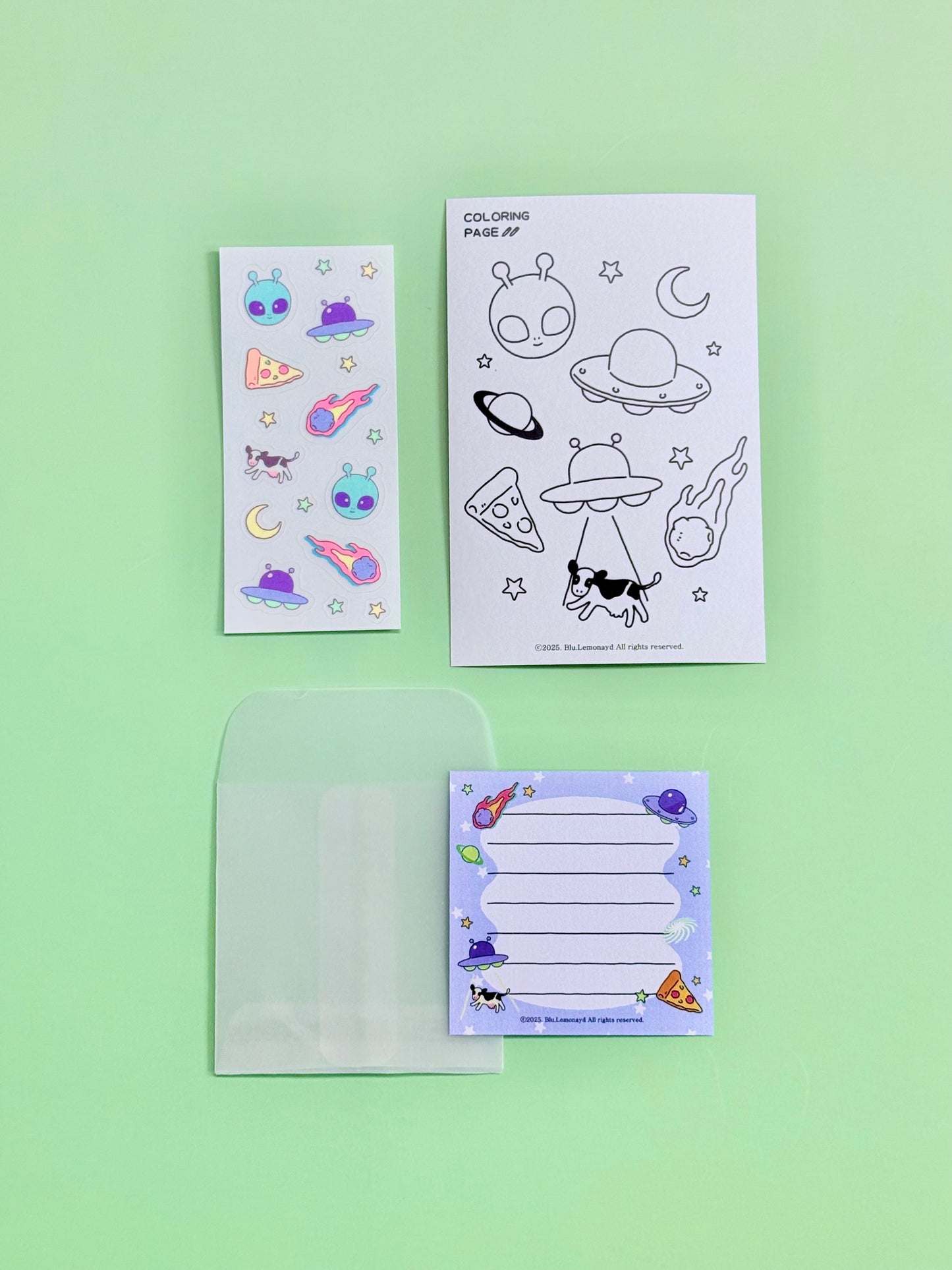 Alien Stationery Sets | Sticker | Mini postcard | Envolope | coloring paper
