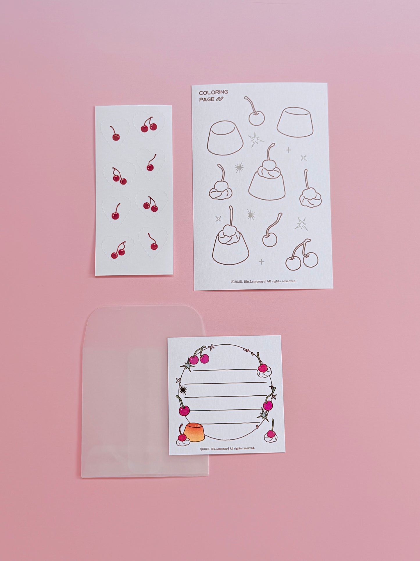 Cherry Stationery Sets | Sticker | Mini postcard | Envolope | coloring paper